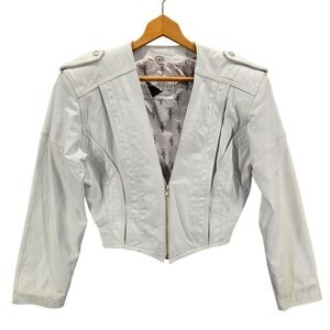 Yucatan Bay Vintage White Leather Cropped Moto Jacket Epaulettes Womens Medium